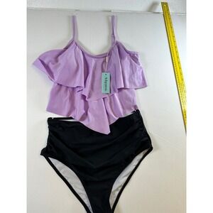 Adisputent Womens Lavender Ruffle Tankini Top and Black High Waist Bottoms Set S